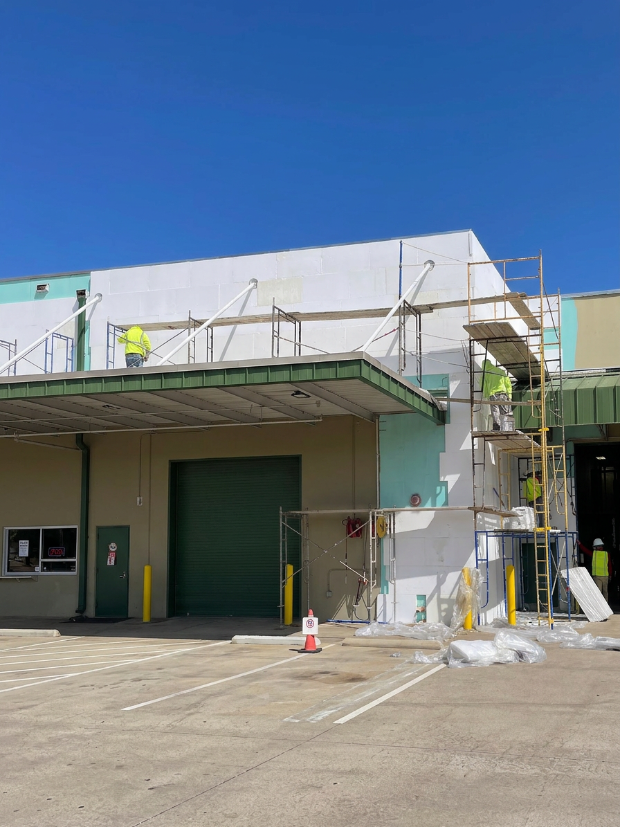 Commercial building receiving EIFS installation with crews on scaffolding